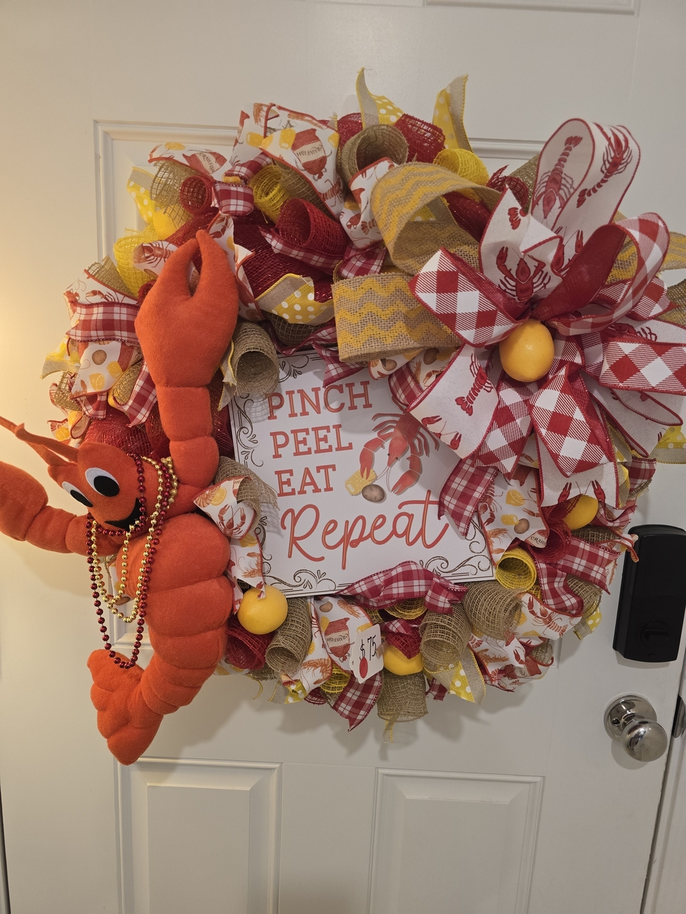 Handmade Yellow & Red Holiday Wreath with Plush Crawfish Boil Pinch Peel Eat